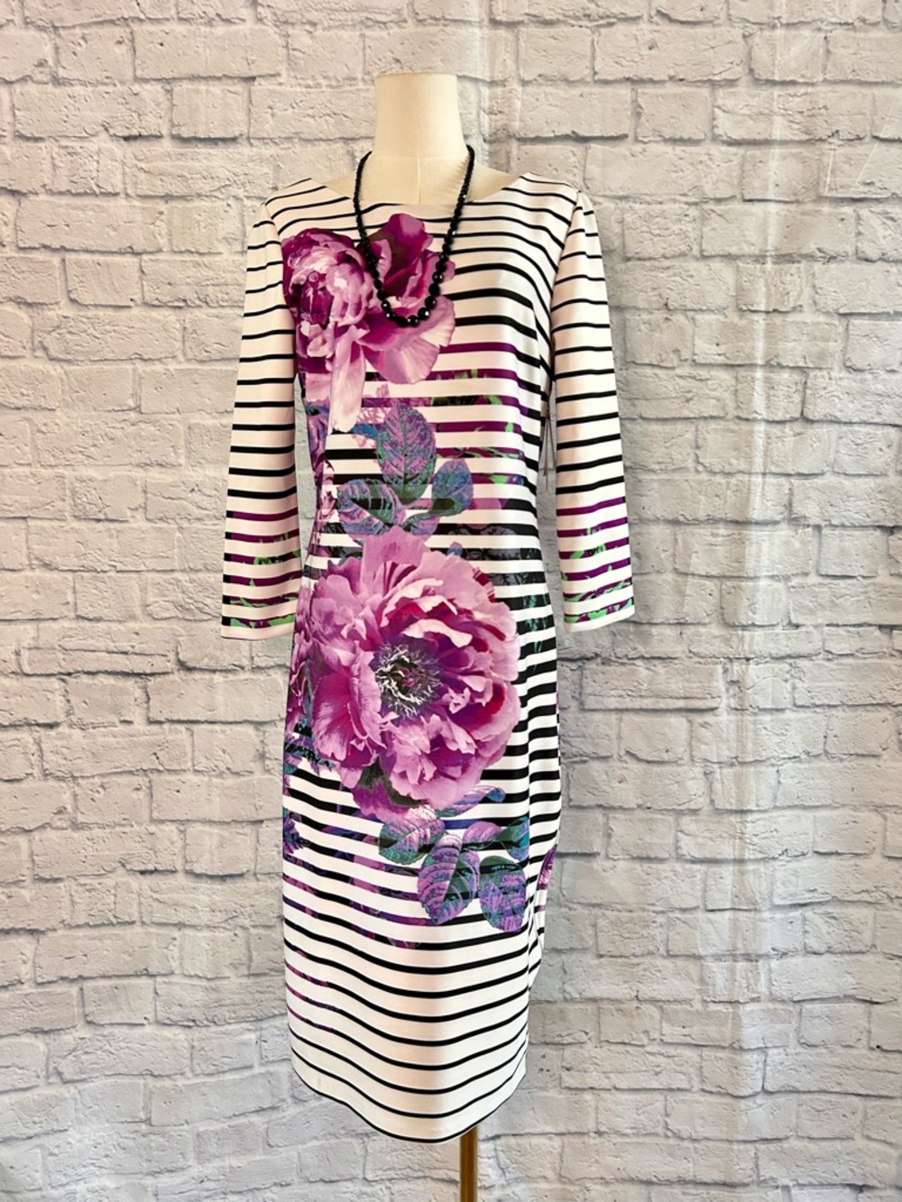 Beige by eci Black White Dress Striped Floral Midi Spring Maximalist Office - Picture 6 of 13
